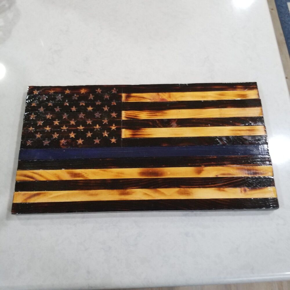 Handcrafted Thin Blue Line American Flag Wooden Wall Decor